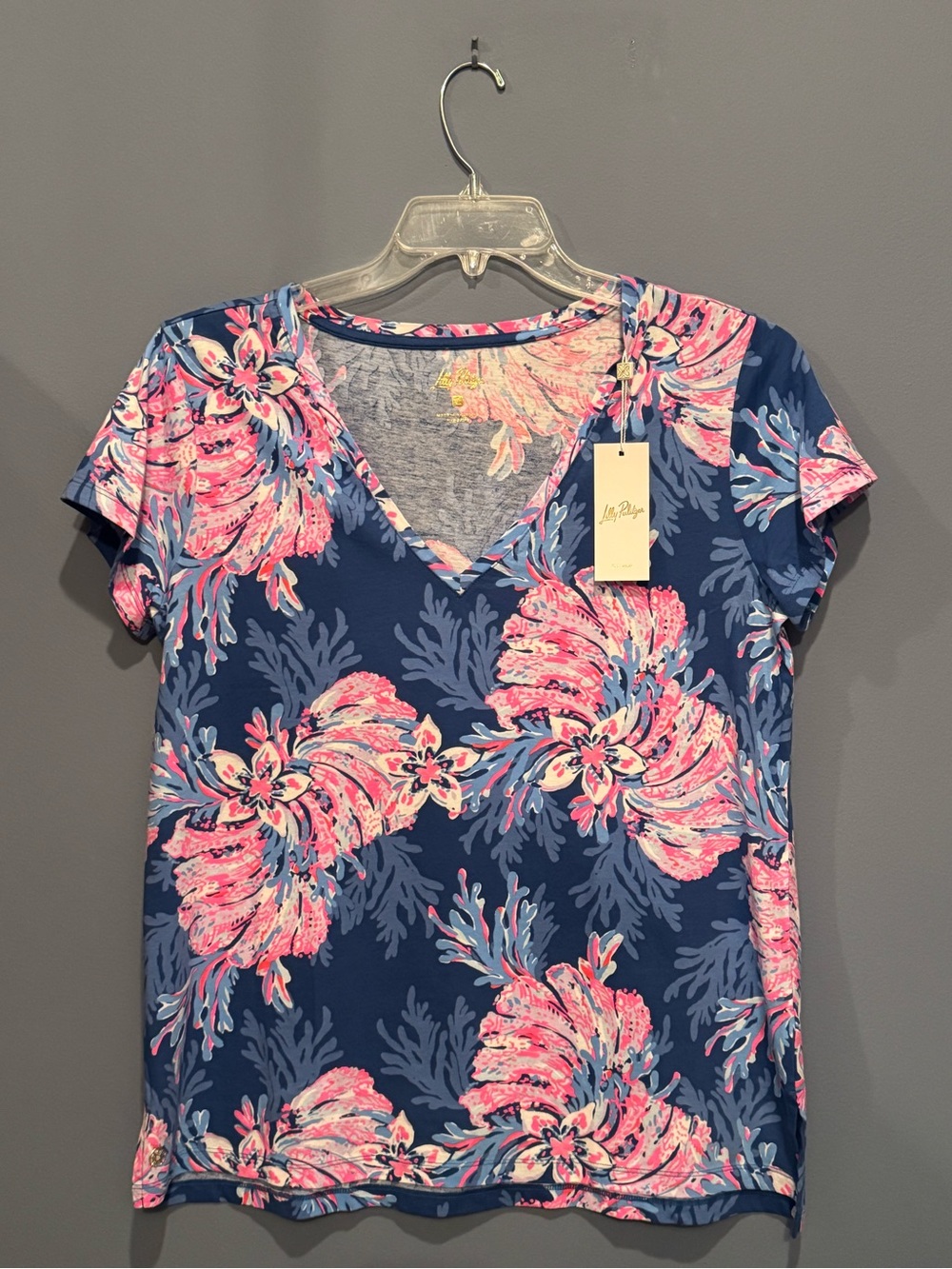 Lilly Pulitzer Navy & Pink Floral V-Neck Tee